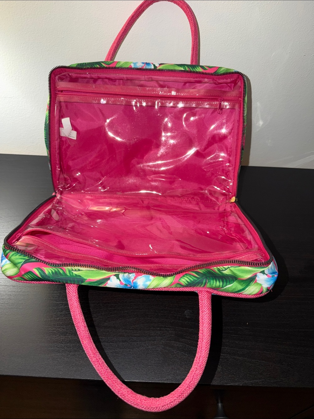 Bright Pink Tropical-Print Travel Cosmetic Bag